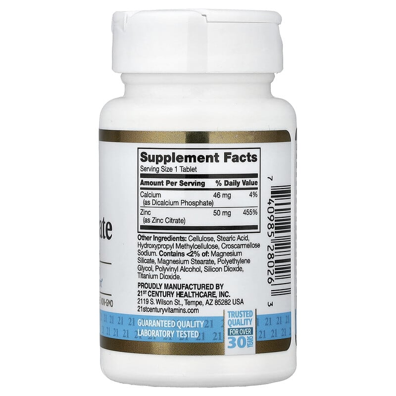 21st Century Zinc Citrate 50 mg, 60 Tablets