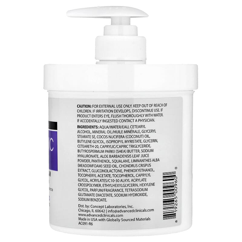 Advanced Clinicals Hyaluronic Acid Hydrating Body Cream, 16 oz (454 g)