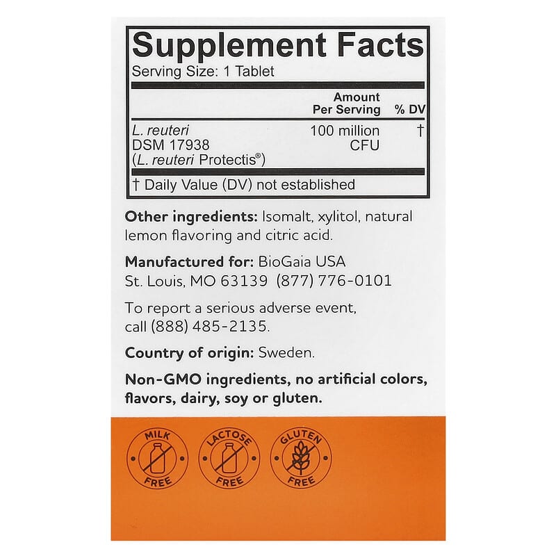 Biogaia Protectis Kids for Gut Comfort, Lemon, 100 Million CFU, 30 Probiotic Chewable Tablets