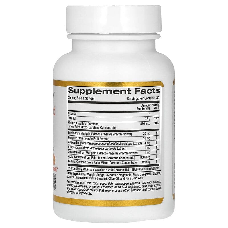 California Gold Nutrition Astacarotenoid Complex with Lutein, Lycopene, Astaxanthin and Vitamin A, 30 Veggie Softgels