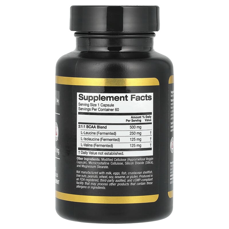 California Gold Nutrition BCAA (AjiPure) Branched-Chain Amino Acids 2:1:1 with L-Leucine, L-Isoleucine and L-Valine, 500 mg, 60 Veggie Capsules