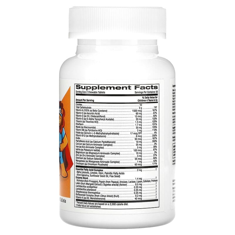 California Gold Nutrition Chewable Multivitamins with Probiotics, Enzymes, Vitamin A and Vitamin C for Children, Assorted Fruit, 60 Vegetarian Tablets