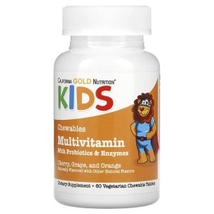 California Gold Nutrition Chewable Multivitamins with Probiotics, Enzymes, Vitamin A and Vitamin C for Children, Assorted Fruit, 60 Vegetarian Tablets