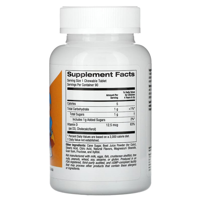 California Gold Nutrition Chewable Vitamin D3 for Children, Natural Cherry, 12.5 mcg (500 IU), 90 Vegetarian Tablets