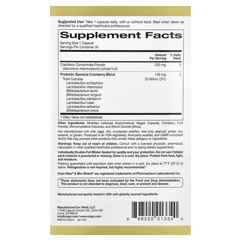 California Gold Nutrition CranMax LactoBif Probiotics 25 Billion CFU 30 Veggie Capsules