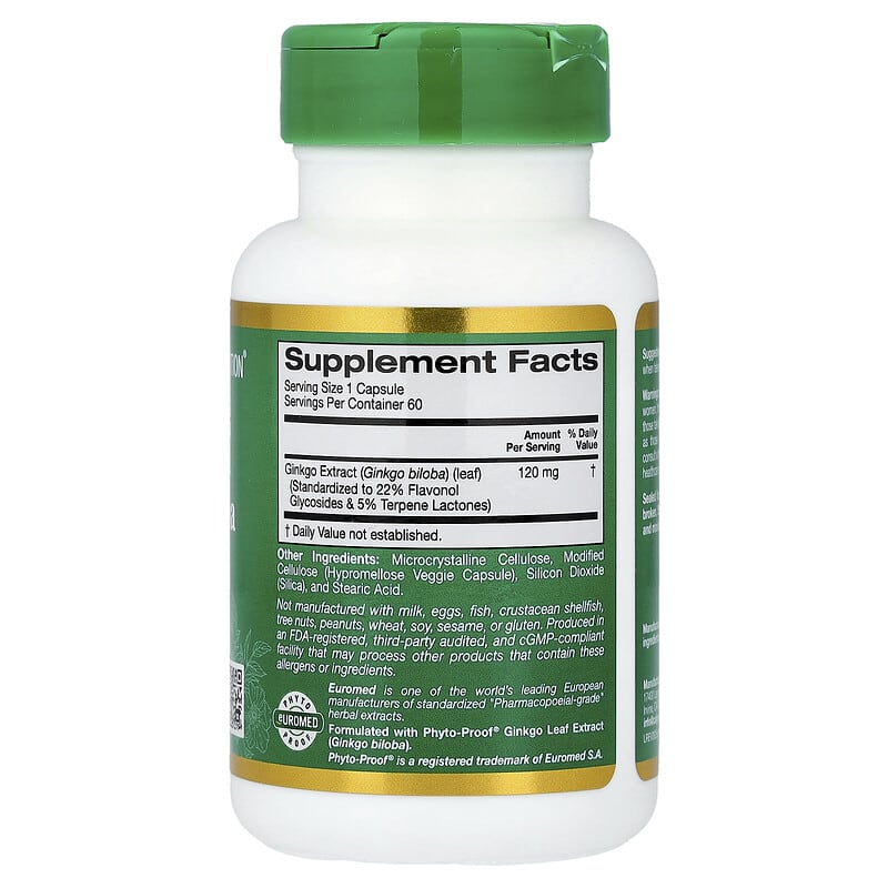 California Gold Nutrition, EuroHerbs Ginkgo Biloba Extract, Euromed Quality, 120 mg, 60 Veggie Capsules