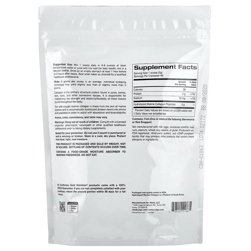 Review California Gold Nutrition Hydrolyzed Marine Collagen Peptides có tốt không? 2 California Gold Nutrition Hydrolyzed Marine Collagen Peptides, Unflavored, 7.05 oz (200 g)