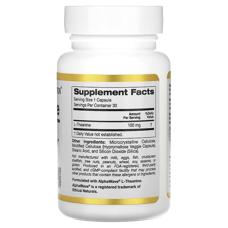 California Gold Nutrition L-Theanine featuring AlphaWave, 100 mg, 30 Veggie Capsules