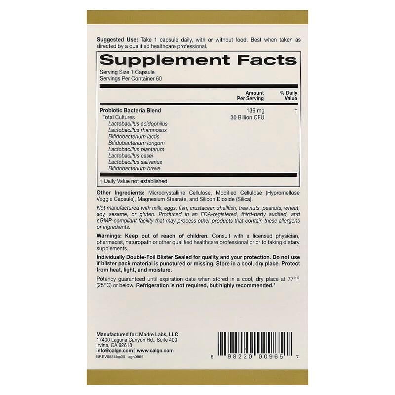 California Gold Nutrition LactoBif Probiotics, 30 Billion CFU, 60 Veggie Capsules