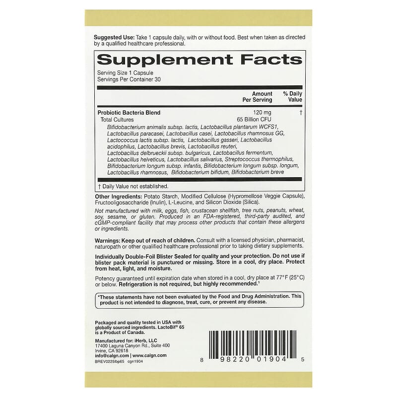 California Gold Nutrition LactoBif 65 Probiotics 30 Veggie Capsules