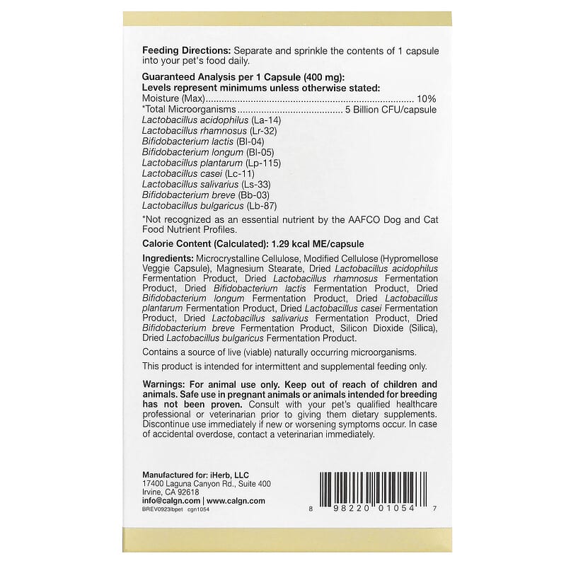 California Gold Nutrition LactoBif Pet Probiotics 5 Billion CFU 60 Veggie Capsules