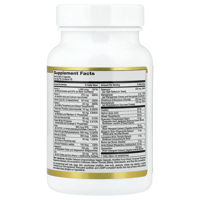 California Gold Nutrition Multivitamin and Mineral with Methyl B12, Vitamin C, L-Methylfolate and Bio-Quercetin, Two a Day, 60 Veggie Capsules