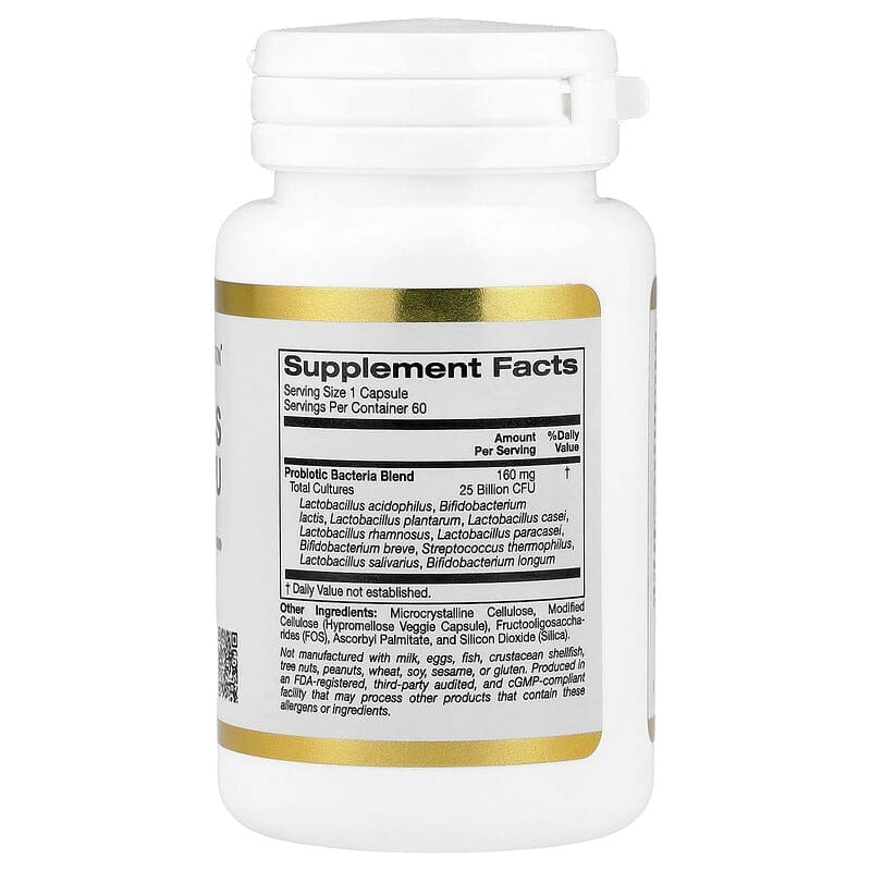 California Gold Nutrition Probiotics with Lactobacillus Acidophilus, Bifidobacterium Lactis, Lactobacillus Plantarum and Lactobacillus Casei, 10 Strain Blend, 25 Billion CFU, 60 Veggie Capsules