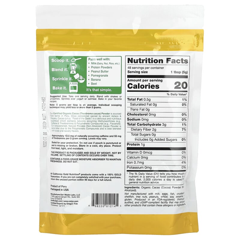 California Gold Nutrition Superfoods Organic Cacao Powder 8.5 oz (240 g)