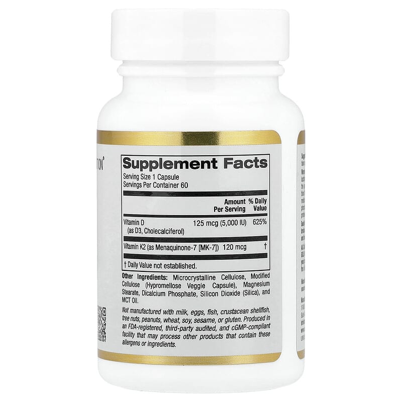 California Gold Nutrition Vitamin D3 + K2 as MK-7, 60 Veggie Capsules