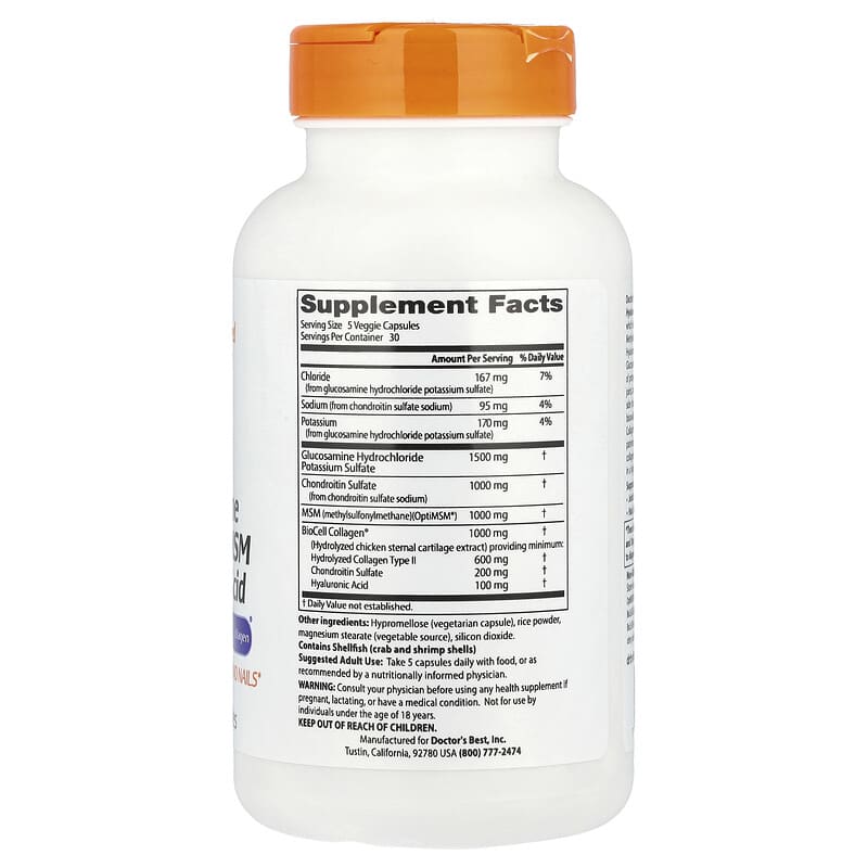 Doctor's Best Glucosamine Chondroitin MSM Hyaluronic Acid with OptiMSM Biocell Collagen 150 Veggie Caps