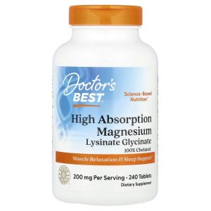 Doctor's Best High Absorption Magnesium Lysinate Glycinate Chelated Albion TRAACS, 240 Tablets, 100 mg per Tablet