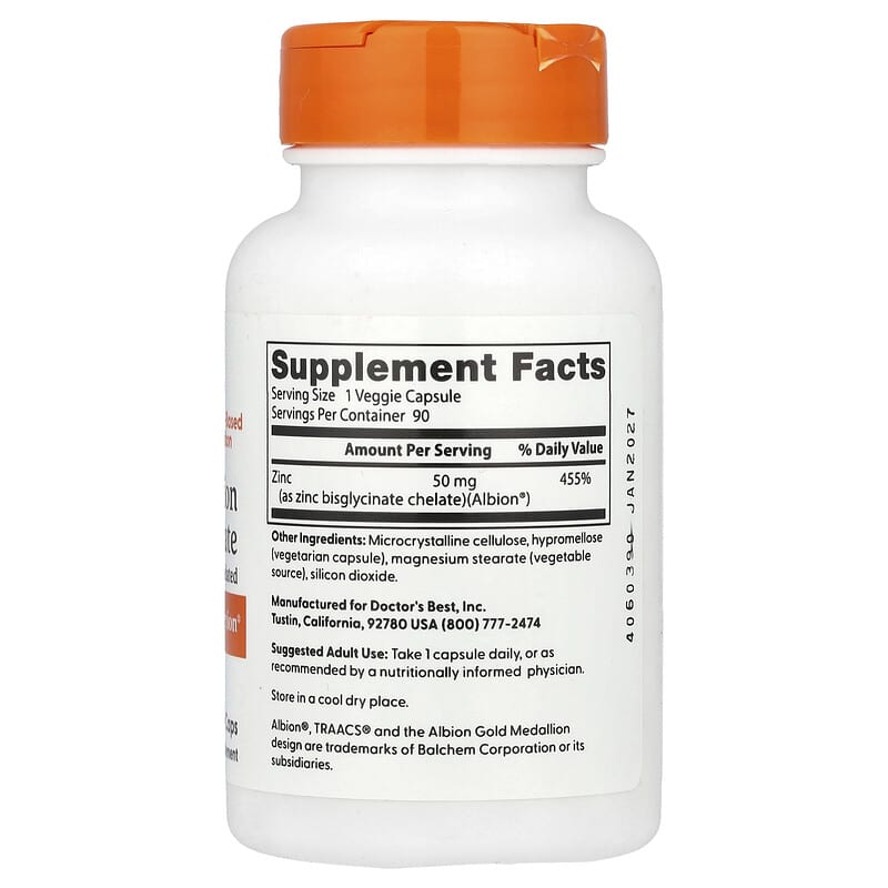 Doctor's Best High Absorption Zinc Bisglycinate 50 mg, 90 Veggie Caps