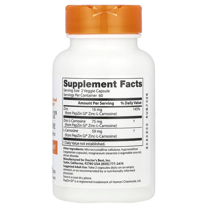 Doctor's Best Pepzin GI Zinc L-Carnosine Complex, 120 Veggie Caps