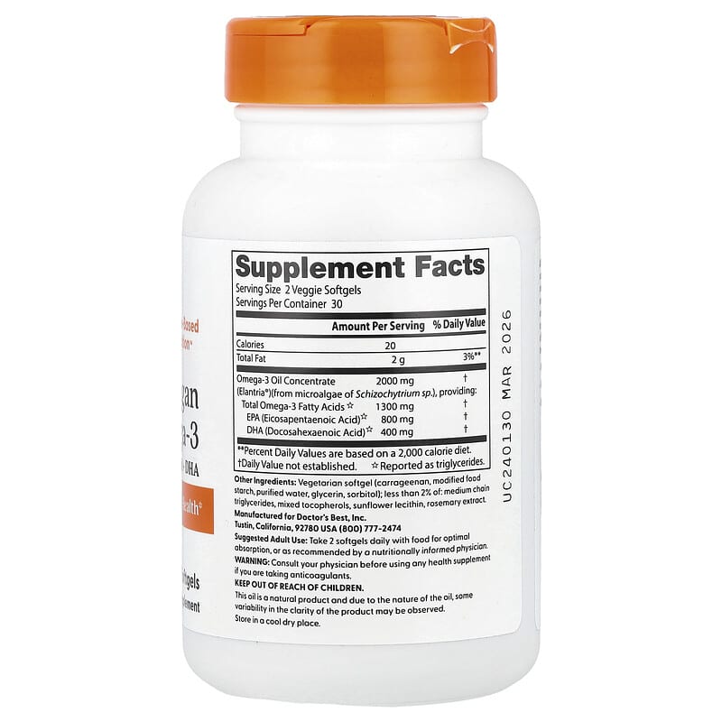 Doctor's Best Vegan Omega-3 EPA & DHA, 60 Veggie Softgels, 1,000 mg per Softgel