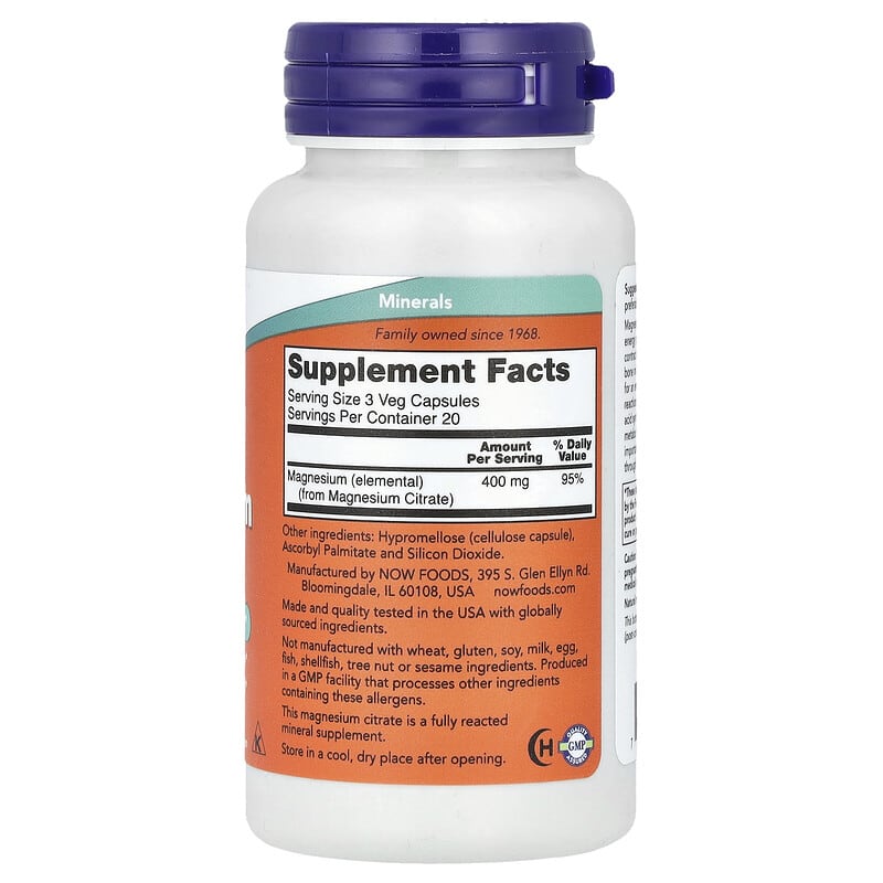 NOW Foods Magnesium Citrate 60 Veg Capsules 133 mg per Capsule