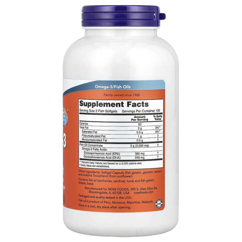 NOW Foods Omega-3 Fish Oil 1,000 mg, 200 Fish Softgels