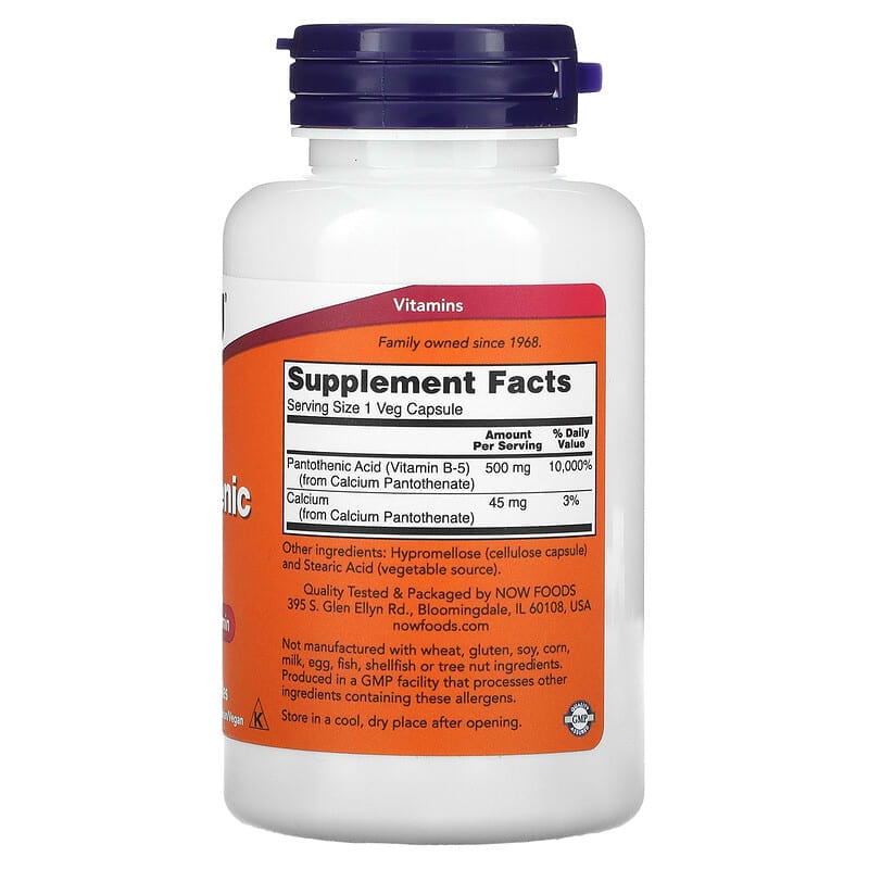 NOW Foods Pantothenic Acid 500 mg, 100 Veg Capsules