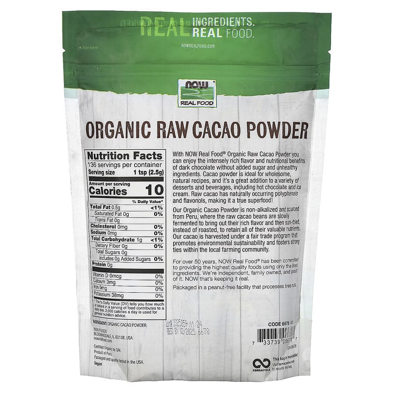 NOW Foods Real Food Organic Raw Cacao Powder, 12 oz (340 g)