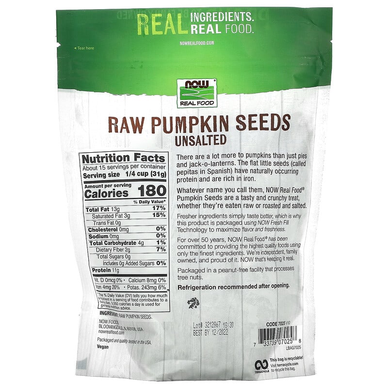 NOW Foods Real Food Raw Pumpkin Seeds Unsalted 16 oz (454 g)