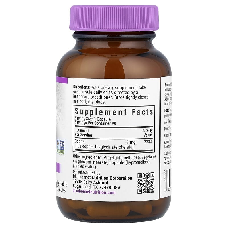 Bluebonnet Nutrition Chelated Copper 3 mg, 90 Vegetable Capsules