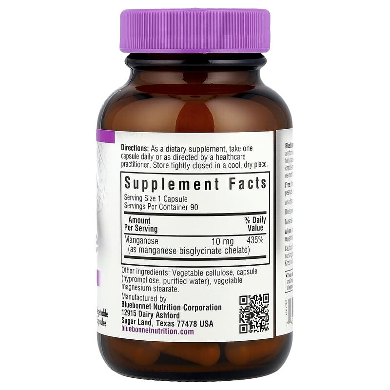 Bluebonnet Nutrition Chelated Manganese 10 mg, 90 Vegetable Capsules