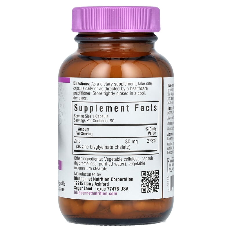 Bluebonnet Nutrition Chelated Zinc, 90 Vegetable Capsules, 30 mg per Capsule