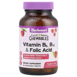 Bluebonnet Nutrition Earth Sweet Chewables Vitamin B6, B12, Folic Acid, Raspberry, 60 Chewable Tablets