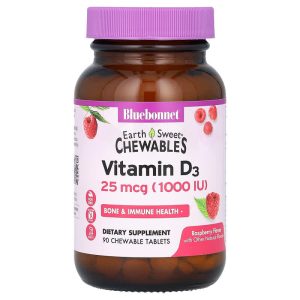 Vitamin D3 dạng nhai vị quả mâm xôi, 25 mcg (1.000 IU), 90 viên nhai của Bluebonnet Nutrition