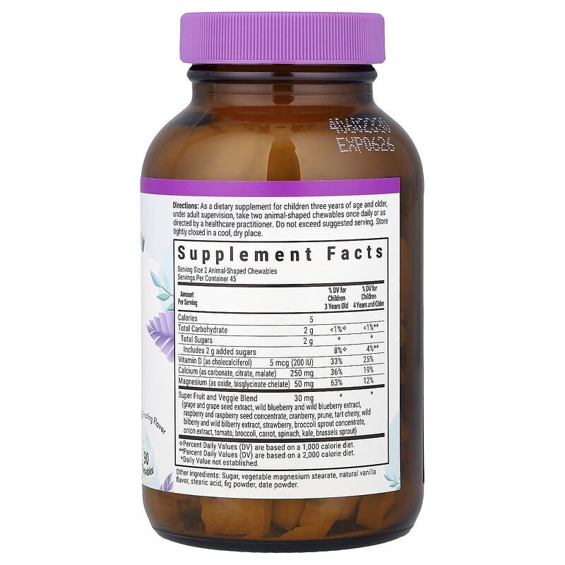 Bluebonnet Nutrition Kids Rainforest Animalz Calcium Magnesium Vitamin D3 Vanilla Frosting 90 Chewables