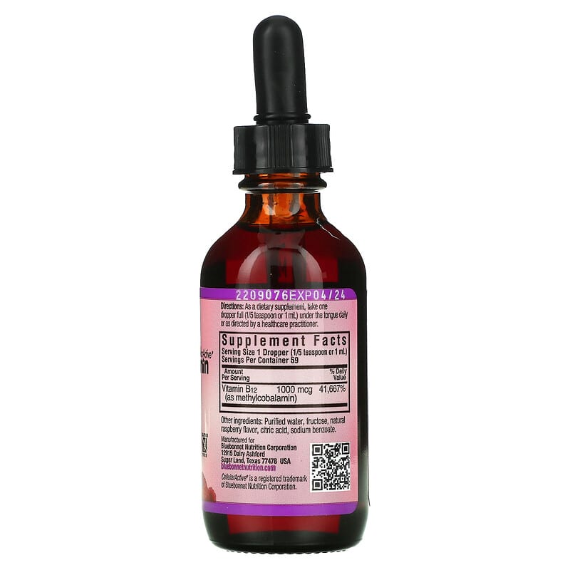 Bluebonnet Nutrition Liquid CelluarActive Methylcobalamin Vitamin B12 Raspberry 1,000 mcg 2 fl oz (59 ml)