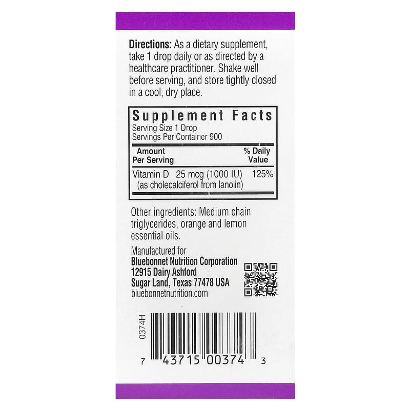 Bluebonnet Nutrition Liquid Vitamin D3 Drops, Citrus, 25 mcg (1,000 IU), 1 fl oz (30 ml)