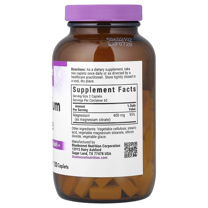 Bluebonnet Nutrition Magnesium Citrate 120 Caplets 200 mg per Caplet