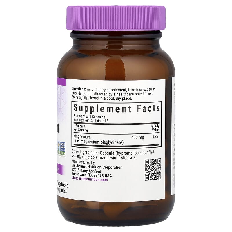 Bluebonnet Nutrition Magnesium Glycinate 60 Vegetable Capsules 100 mg per Capsule