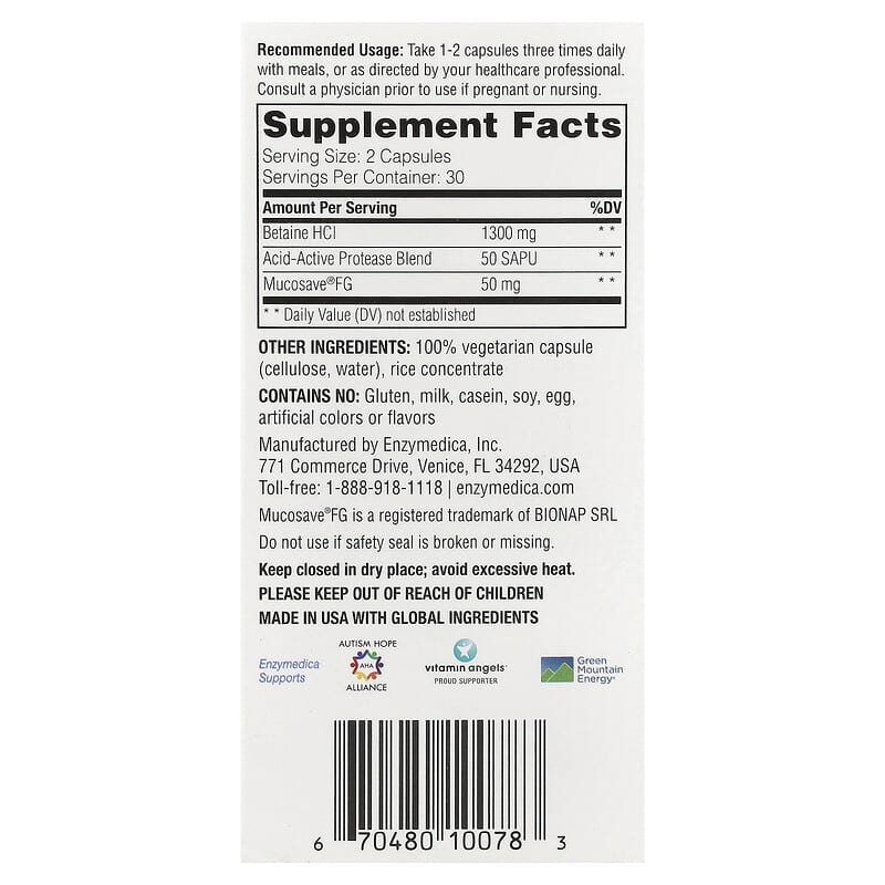 Review Enzymedica Fast Acting Betaine HCL: Giải Pháp Hỗ Trợ Tiêu Hóa 2 Enzymedica Fast Acting Betaine HCL 60 Capsules