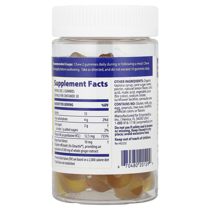 Enzymedica Ginger Vitamin B6 Gummies, Lemon Ginger, 60 Gummies