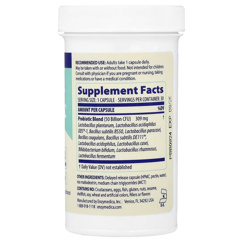 Enzymedica Subculture Probiotic for Bloat, 50 Billion, 30 Delayed Release Capsules