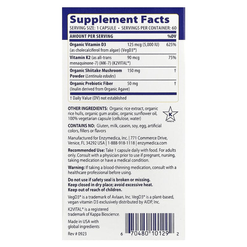 Enzymedica Vitamin D3 + Vitamin K2, 60 Capsules