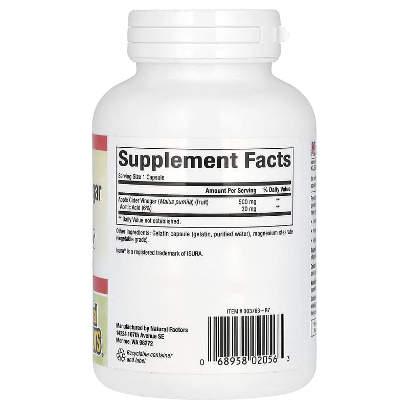 Natural Factors Fermented Apple Cider Vinegar 500 mg, 180 Easy-to-Swallow Capsules