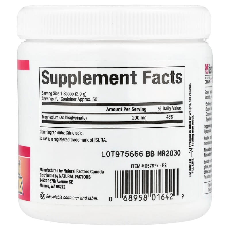 Đánh giá chi tiết Magnesium Bisglycinate của Natural Factors từ iHerb 2 Natural Factors, Magnesium, Pure Bisglycinate, 5.1 oz (145 g)