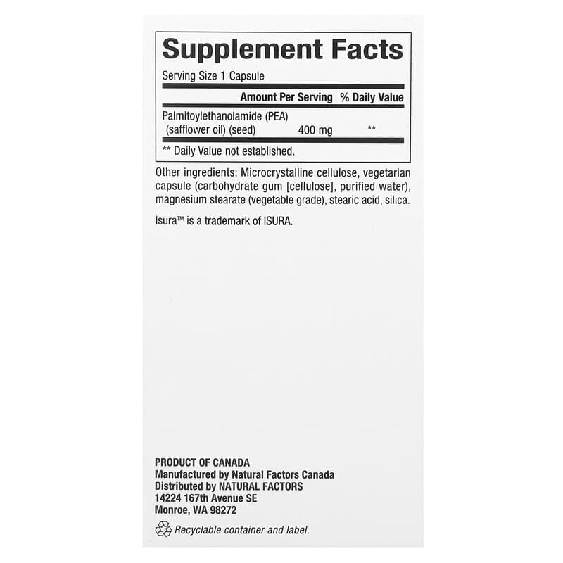 Natural Factors, PEA400, Palmitoylethanolamide, 400 mg, 90 Vegetarian Capsules