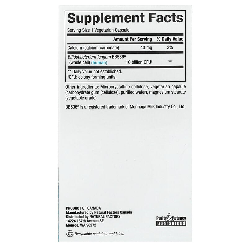 Natural Factors Travel Biotic BB536 10 Billion CFU 60 Vegetarian Capsules