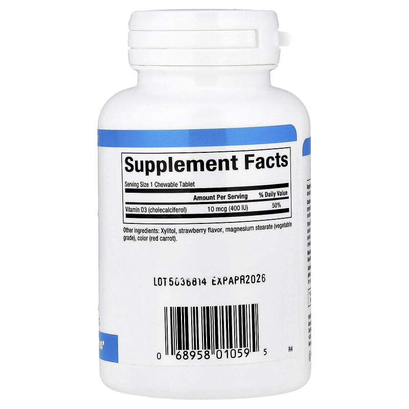 Natural Factors Vitamin D3 for Kids Strawberry 10 mcg (400 IU) 100 Chewable Tablets