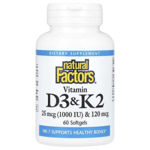 Vitamin D3 + K2, 25 mcg (1,000 IU) + 120 mcg, 60 Softgels của Natural Factors