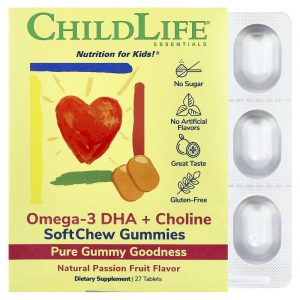 ChildLife Essentials Omega-3 DHA Choline, 27 viên nhai dạng kẹo dẻo vị chanh dây của ChildLife Essentials